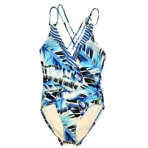 NWOT La Blanca "Too Cool" Blue & White Surplice Mio Tank Swimsuit Size 6